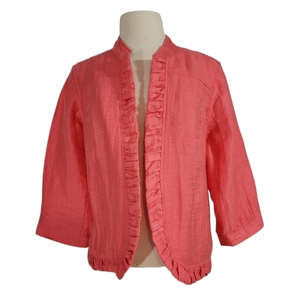 Chico's Coral Pink Linen Ruffle Blazer - Picture 1 of 6
